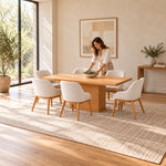 Close-up of Linesora Wooden 6-Seater Dining Table, highlighting rectangular top with square corners in a modern home setting.