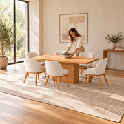 Close-up of Linesora Wooden 6-Seater Dining Table, highlighting rectangular top with square corners in a modern home setting.