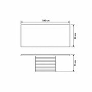 Linesora Wooden 6-Seater Dining Table dimension guide showing 180 L x 90 D x 75 H cm for dining room layout planning.