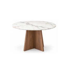 Linosola Marble Top 4-Seater Dining Table with a round veined surface over intersecting wood panels on a white background.