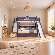Lixoniya Purple Kids Bunk Bed with Slide brings together a cream slide and left storage stairs beside a playroom window.