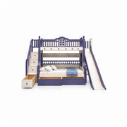 Lixoniya Purple Kids Bunk Bed with Slide on a white background: left storage stairs, a cream slide and underbed drawers.