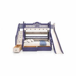 Lixoniya Purple Kids Bunk Bed with Slide on a white background: left storage stairs, a cream slide and underbed drawers.