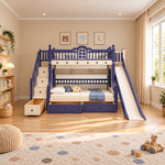 Lixoniya Purple Kids Bunk Bed with Slide: a cream slide, a purple upper bunk and underbed drawers beside a playroom window.