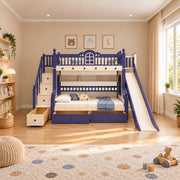 Lixoniya Purple Kids Bunk Bed with Slide: a cream slide, a purple upper bunk and underbed drawers beside a playroom window.