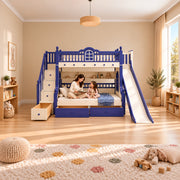 Lixoniya Purple Kids Bunk Bed with Slide with a woman and child on the bottom bunk, featuring a window-shaped upper rail.