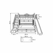 Lixoniya Purple Kids Bunk Bed with Slide size sketch showing a window-shaped upper rail; 200 cm across the main bed.