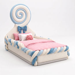 Second view of Lolie Candy Dusty Blue Kids Toddler Bed, highlighting candy-inspired headboard and soft padded sides.