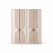 Lottomira 4 Door Wooden Wardrobe shown with a four-door front, circular brass-tone handles and flowing grooved patterns.