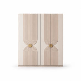 Lottomira 4 Door Wooden Wardrobe shown with a four-door front, circular brass-tone handles and flowing grooved patterns.