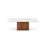 Ludwista Marble Top 6-Seater Dining Table on a white background, showing grey surface veining alongside warm wood grain.