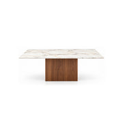 Ludwista Marble Top 6-Seater Dining Table on a white background, showing grey surface veining alongside warm wood grain.