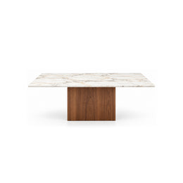 Ludwista Marble Top 6-Seater Dining Table on a white background, showing grey surface veining alongside warm wood grain.