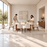 Ludwista Marble Top 6-Seater Dining Table product view showing rectangular tabletop with a light marble-look appearance.
