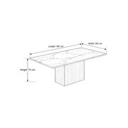 Ludwista Marble Top 6-Seater Dining Table dimension guide showing 180 L x 100 W x 75 H cm for dining room layout planning.