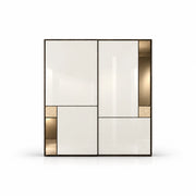Lyroniya Wooden Storage Cabinet on a white background: an asymmetrical front, large white panels and offset open niches.