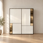 Lyroniya Wooden Storage Cabinet, detailed with a contrasting dark frame and warm accent sections against a bedroom wall.