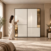 Lyroniya Wooden Storage Cabinet with a woman standing beside the cabinet; an asymmetrical front and large white panels.