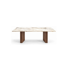 Mackilti Marble Top 6-Seater Dining Table: a long dining surface, a rectangular marble top and two fluted panel legs.