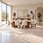 Mackilti Marble Top 6-Seater Dining Table product view showing rectangular tabletop with a light marble-look appearance.