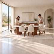 Mackilti Marble Top 6-Seater Dining Table product view showing rectangular tabletop with a light marble-look appearance.