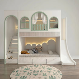 Malnirova Green Kids Bunk Bed with Slide & Storage