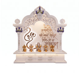 Alternate view of Divya Premium Corian Marble Pooja Mandir with LED Panel, showing multiple Drawers in a modern home setting.