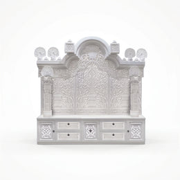 Alternate view of Veda Premium Corian Marble Ganesha Pooja Mandir, showing ornate floral carving and arched temple structure.