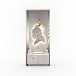 Alternate view of Mahadev Premium Corian Marble Pooja Mandir, showing contemporary Temple Frame with Shiva Profile.