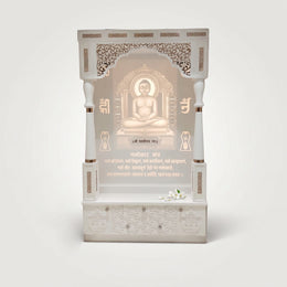 Alternate view of Mahaveer Premium Corian Marble Jain Pooja Mandir, showing lower Storage Cabinet in a modern home setting.