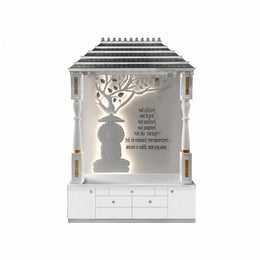 Alternate view of Bodhi Premium Corian Marble Buddha Pooja Mandir, showing tiered temple roof and illuminated tree of life.