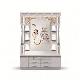 Second view of Shubham Premium Corian Marble Pooja Mandir with Om Design, highlighting multiple Drawers & Cabinets.