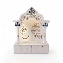 Alternate view of Shivanya Premium Corian Marble Pooja Mandir, showing multiple Soft-Close Drawers in a modern home setting.