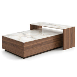 Alternate view of Marvonsa Marble Coffee Table, showing tiered surfaces and wood panels for a modern living room interior.