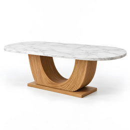 Alternate view of Melmanro Marble Top 6-Seater Dining Table, showing oval top, curved base, and fluted wood detailing.