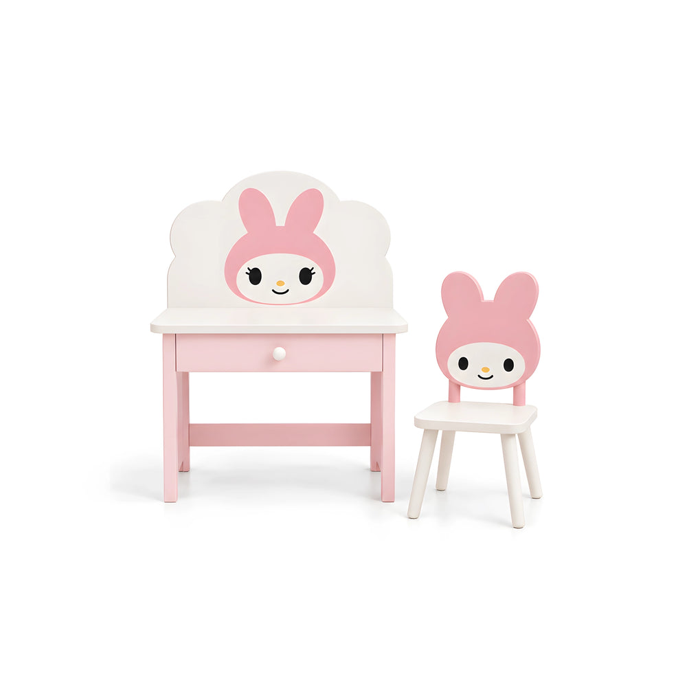 Alternate view of Melodia Pink & White Bunny Kids Table & Chair Set, showing bunny-inspired design in a modern home setting.