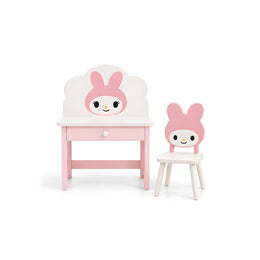 Alternate view of Melodia Pink & White Bunny Kids Table & Chair Set, showing bunny-inspired design in a modern home setting.