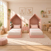 Close-up of Melpony Pink Kids Twin Bed with Nightstand, highlighting vertical back detailing in a balanced home interior.