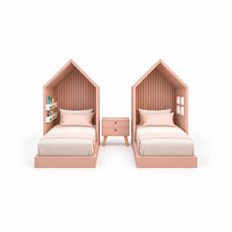 Additional view of Melpony Pink Kids Twin Bed with Nightstand, showing side display shelf for everyday interior styling.