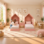 Alternate view of Melpony Pink Kids Twin Bed with Nightstand, showing two house-shaped headboards in a modern home setting.