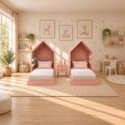 Melpony Pink Kids Twin Bed with Nightstand product photo showing two house-shaped headboards in a clean studio setting.