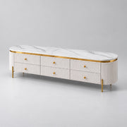 Melsiny White Marble Top TV Unit combines slender gold-tone legs with small gold-tone knobs against a grey backdrop.