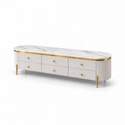 Melsiny White Marble Top TV Unit: six textured drawers, rounded cream ends and small gold-tone knobs on a white background.