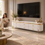 Melsiny White Marble Top TV Unit, rounded cream ends and six textured drawers, beneath a wall-mounted TV with a woman nearby.