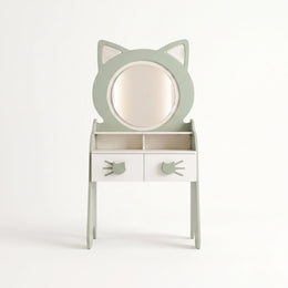 Alternate view of Mickow Cat Kids Dresser with Mirror, showing cat-shaped mirror, 2 storage drawers, and open shelf divider.