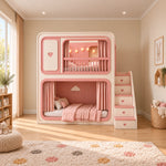 Milnova Pink Kids Bunk Bed displays two sleeping platforms together with an upper heart detail beside a playroom window.