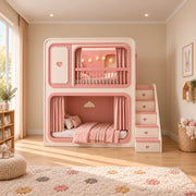 Milnova Pink Kids Bunk Bed displays two sleeping platforms together with an upper heart detail beside a playroom window.