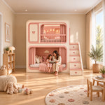 Milnova Pink Kids Bunk Bed with a woman and child on the bottom bunk; an upper heart detail and curtains on both levels.