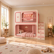 Milnova Pink Kids Bunk Bed brings together rounded pink bunk frames and two sleeping platforms beside a playroom window.