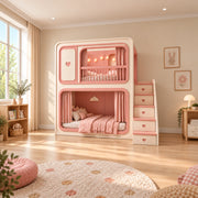 Milnova Pink Kids Bunk Bed beside a playroom window, featuring two sleeping platforms and rounded pink bunk frames.